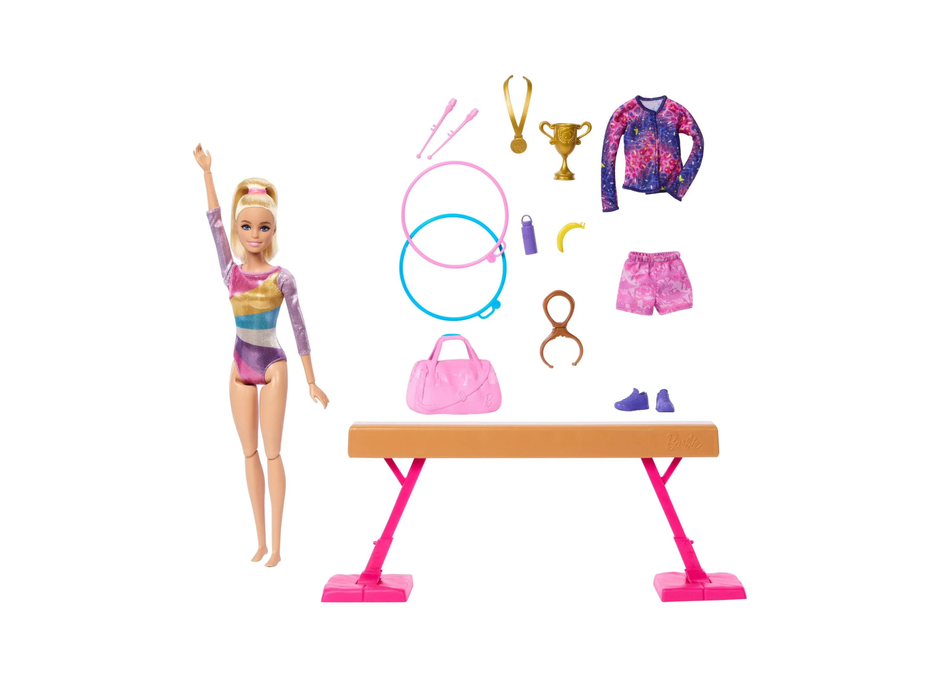 Barbie Gymnastics Play Set with Blonde Fashion Doll, Balance Beam, 10 Plus Accessories and Flip Feature