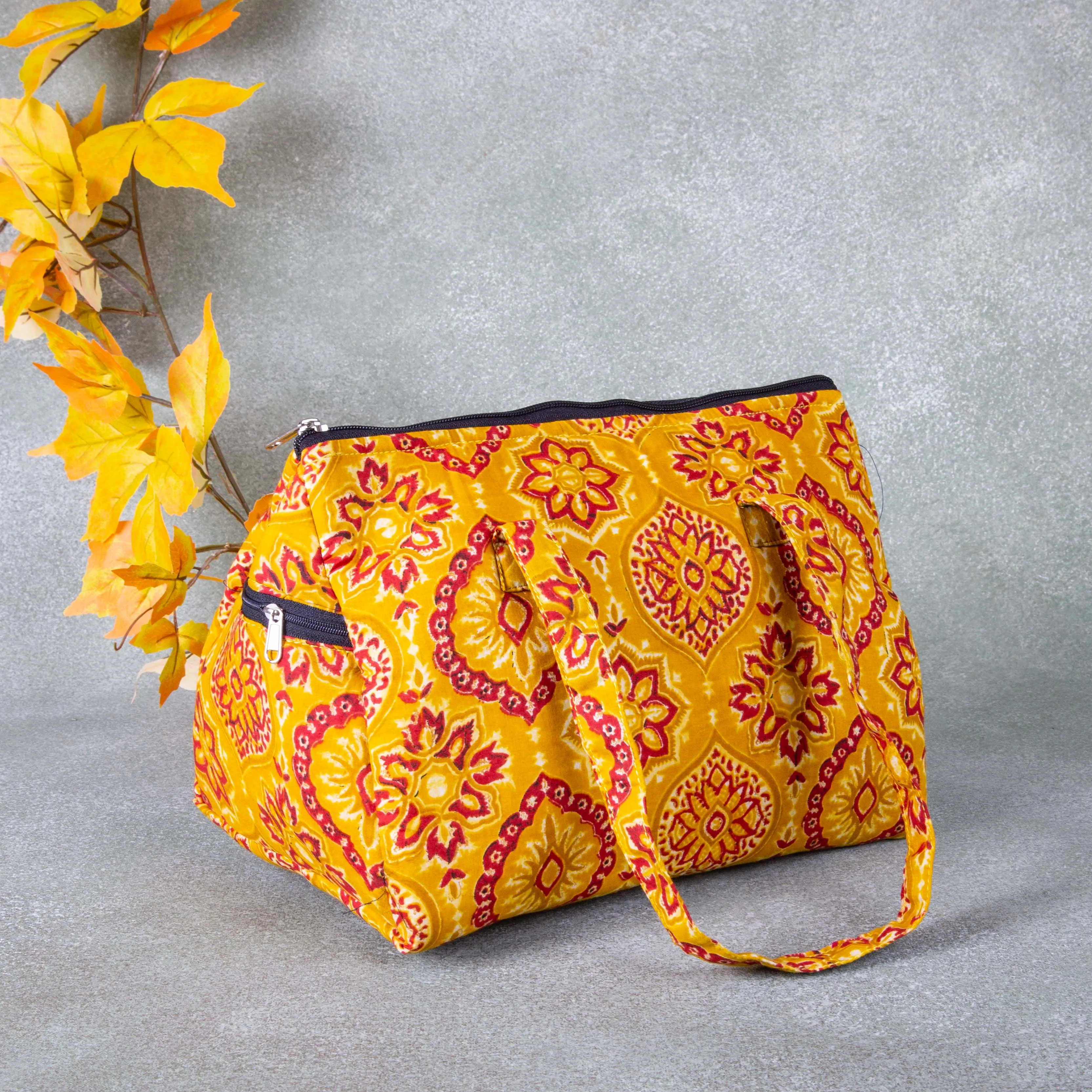 Barrel Handbags Yellow with Red Flower Design.