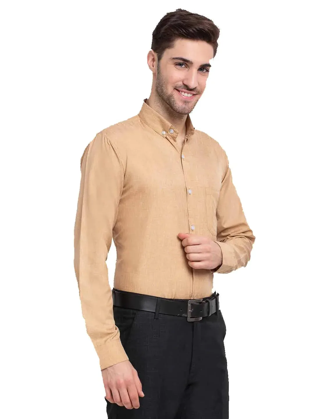 Beige Men'S Button Down Collar Cotton Formal Shirt