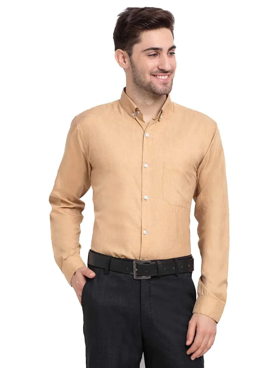 Beige Men'S Button Down Collar Cotton Formal Shirt