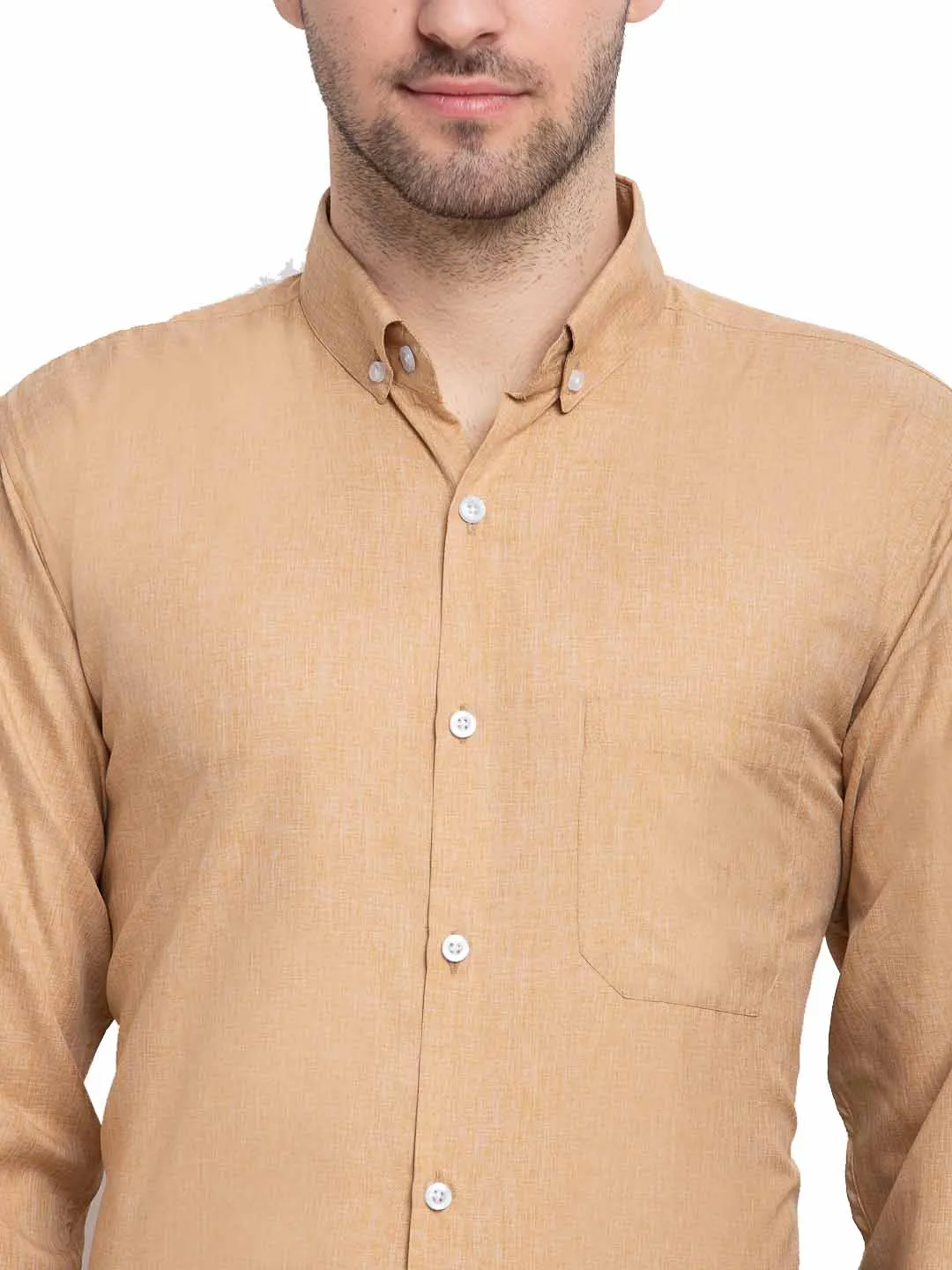 Beige Men'S Button Down Collar Cotton Formal Shirt