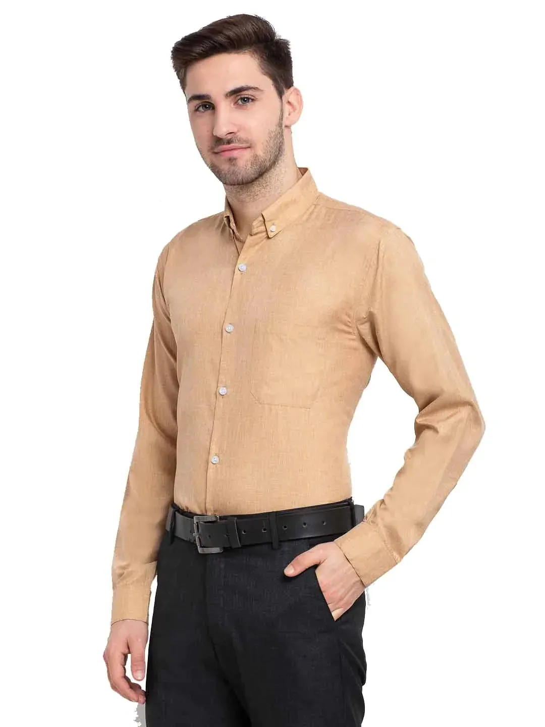 Beige Men'S Button Down Collar Cotton Formal Shirt