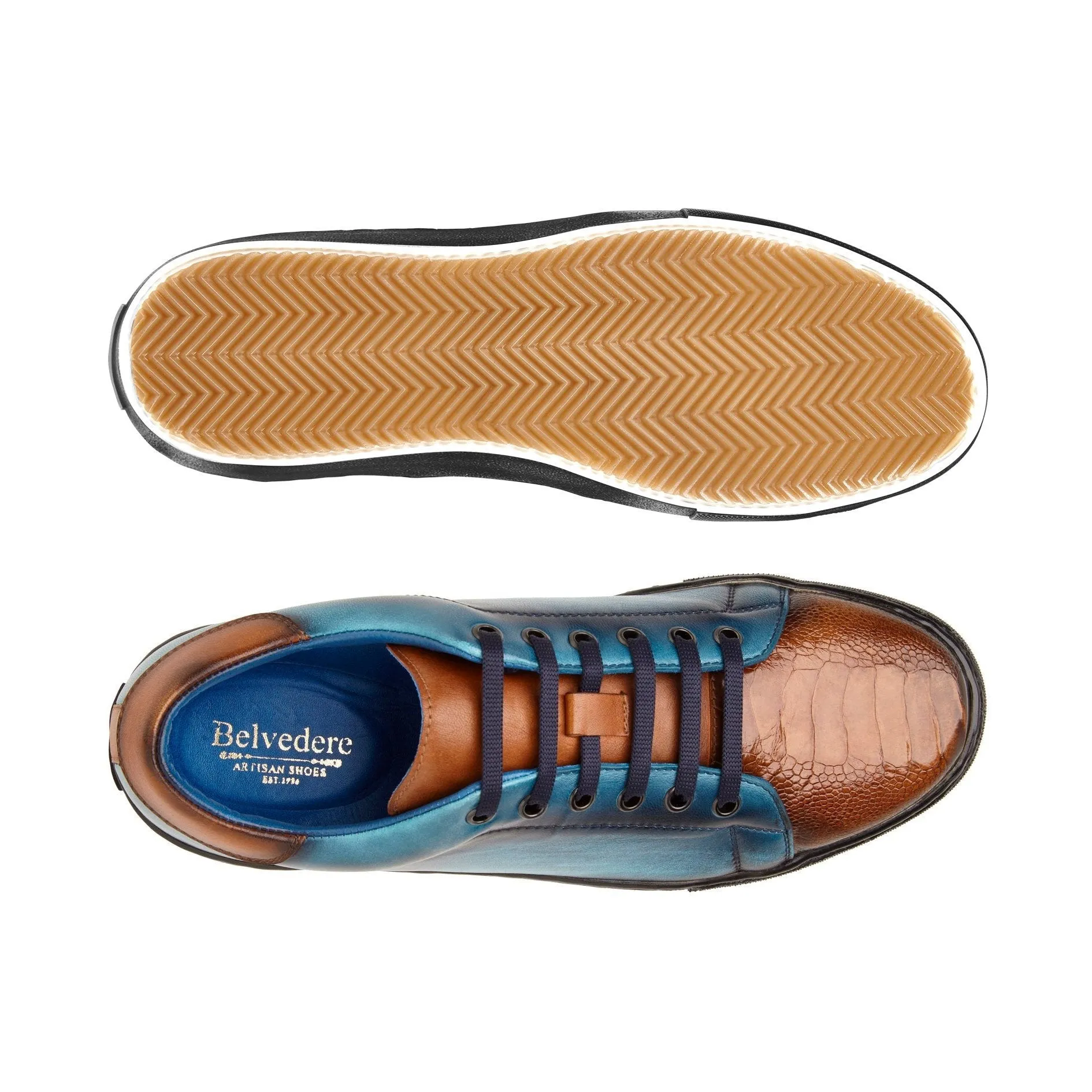 Belvedere Stone in Antique Brandy & Ocean Blue Ostrich & Leather Sneakers