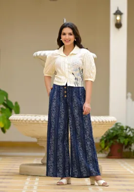 Blue and White Floral Printed Rayon Clothing Set With Thread Embroidery & Buttons