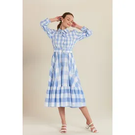 Blue Plaid Belted Long Dress