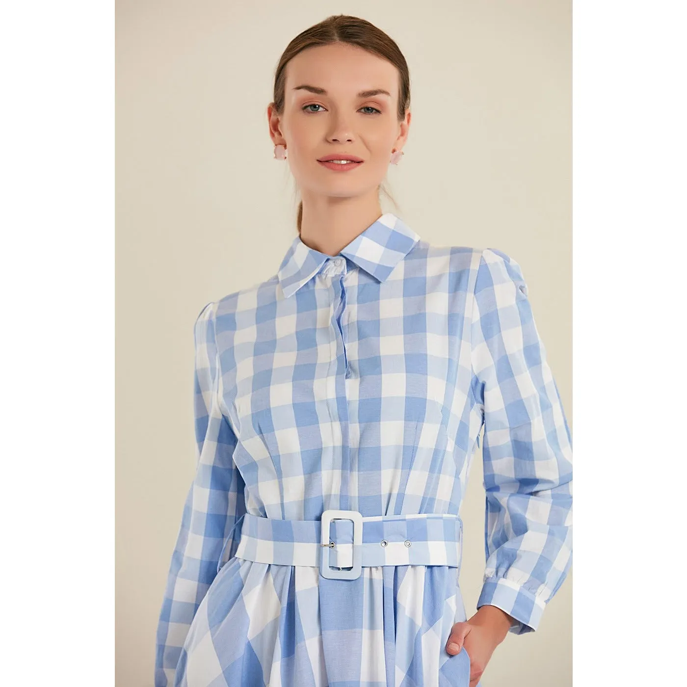 Blue Plaid Belted Long Dress