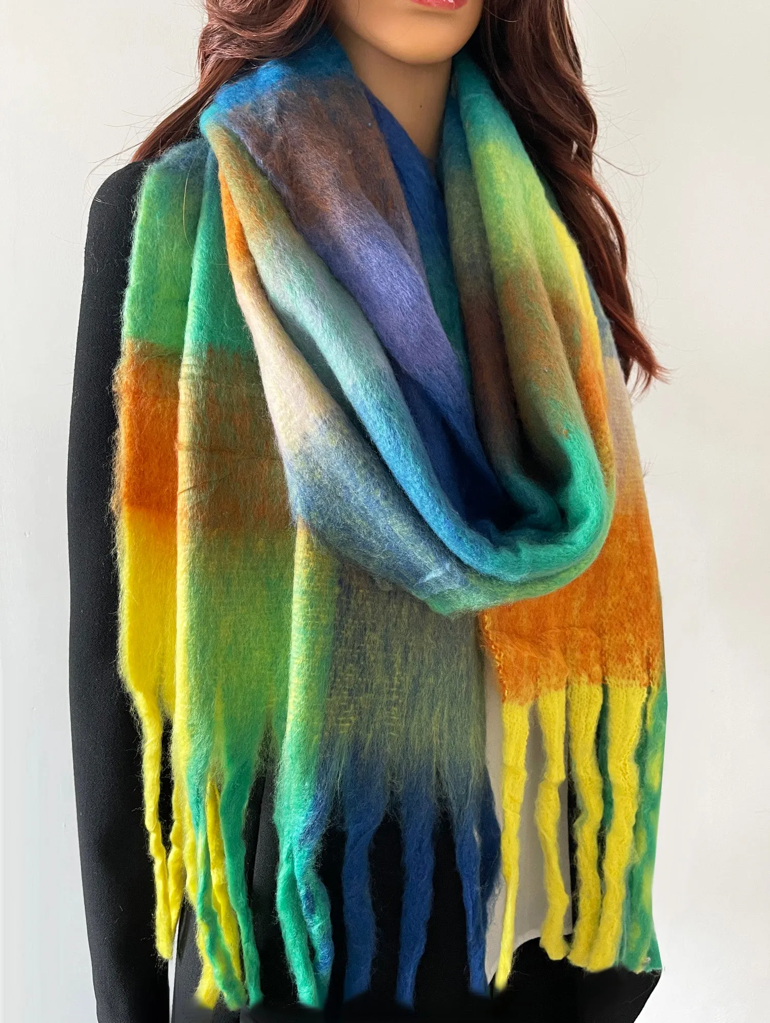 BLUE YELLOW CHECKED WOOL RAINBOW BLANKET SCARF OVERSIZED WINTER SHAWL WRAP