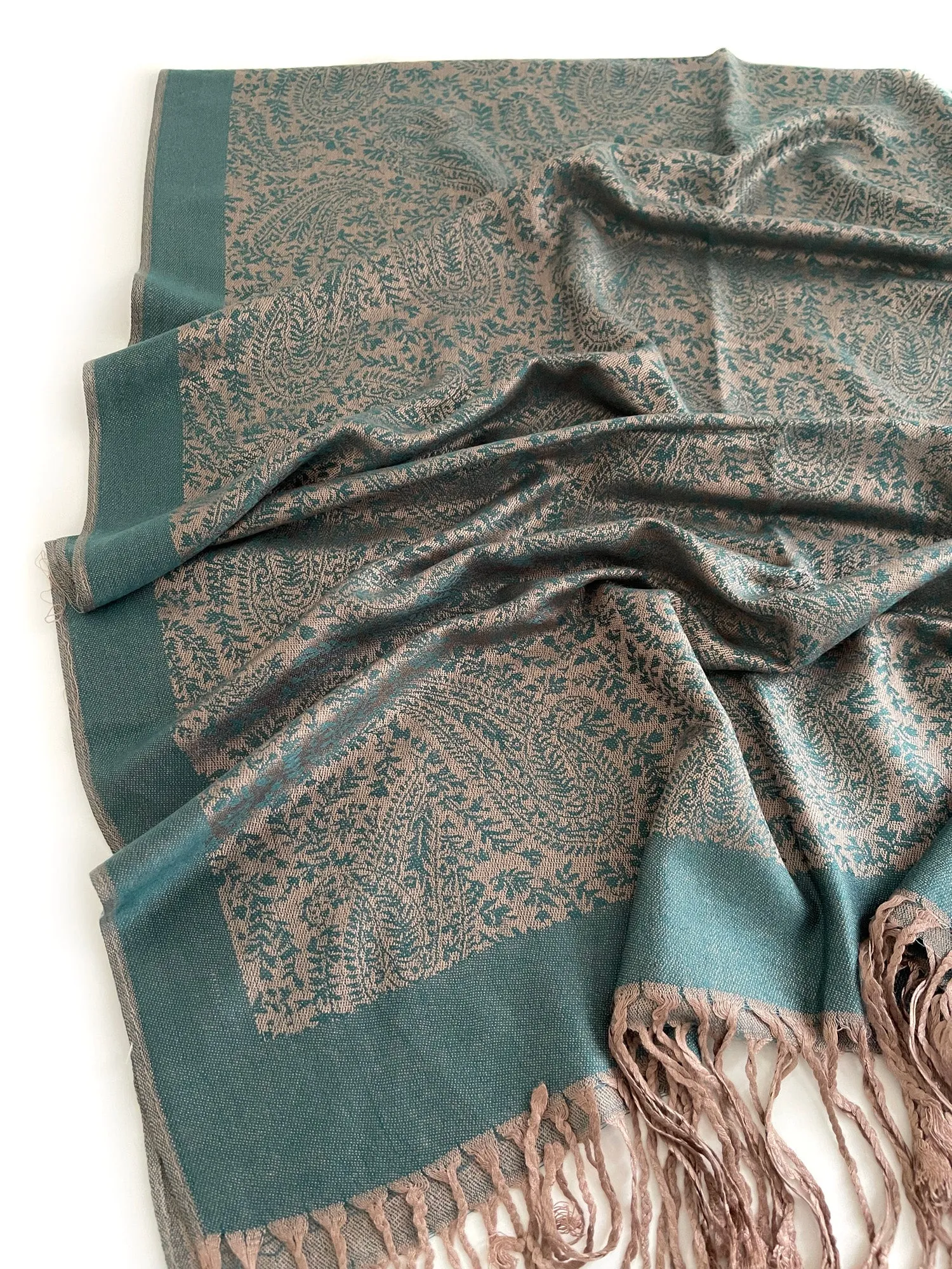 DARK GREEN PAISLEY PRINT REVERSIBLE PASHMINA SHAWL SCARF