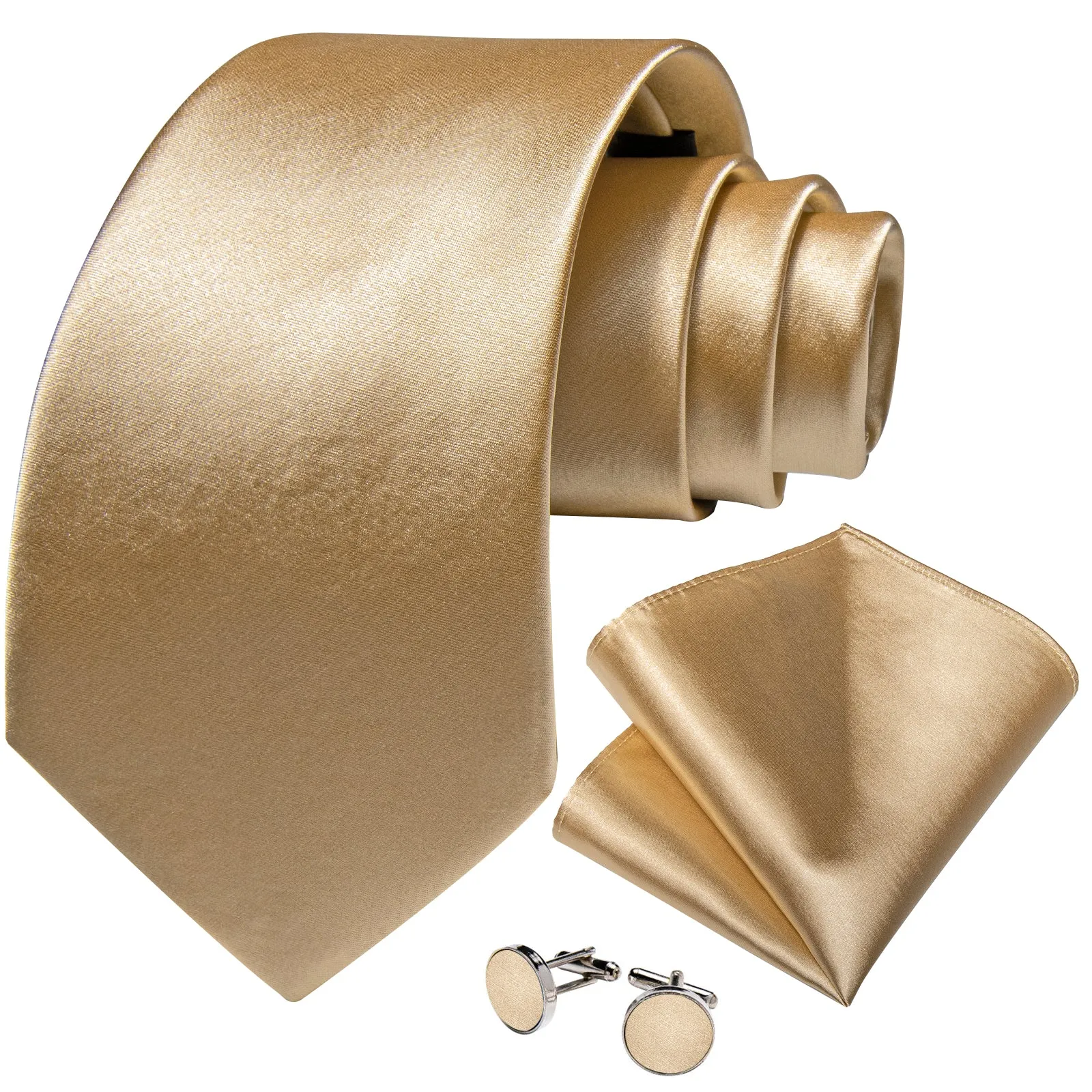 DiBanGu Champagne Tie Gold Solid Men's Tie Pocket Square Cufflinks Set