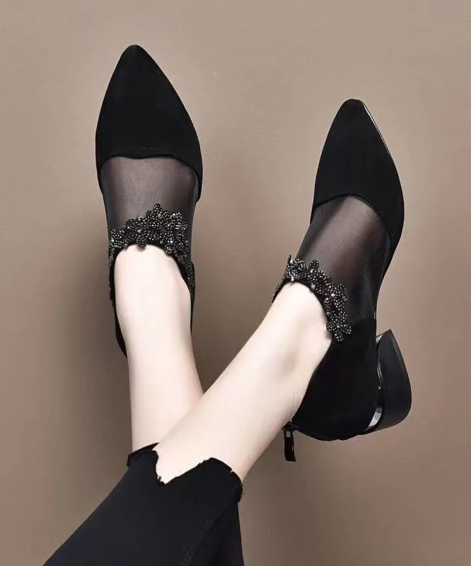 Fashion Black Suede Tulle Splicing Zircon High Heels SL1001