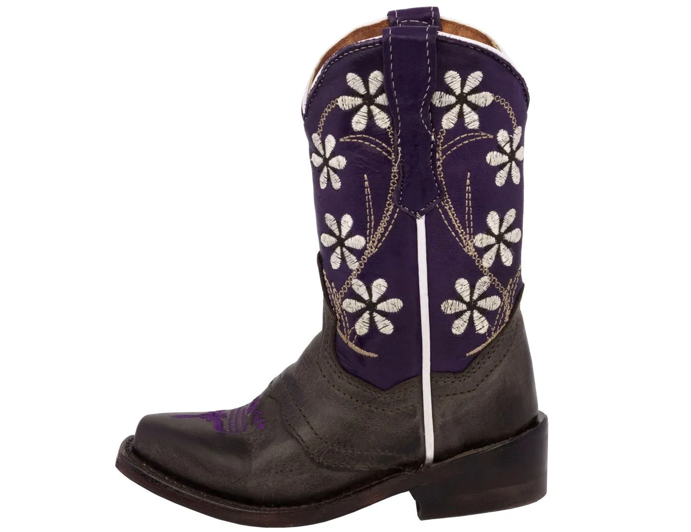 Girls Kids Purple & Brown Floral Embroidered Cowgirl Boots Snip Toe