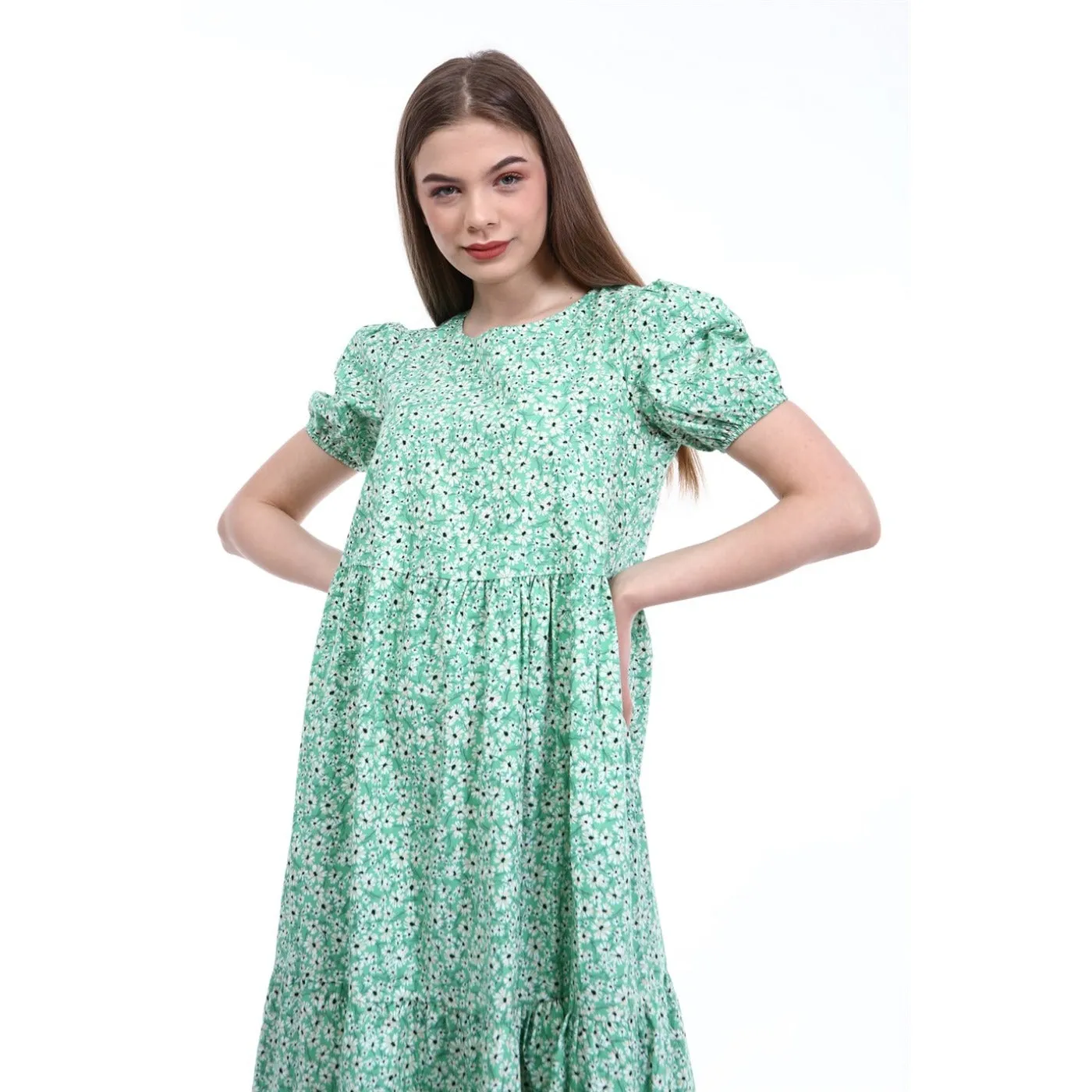 Green Floral Poplin Dress