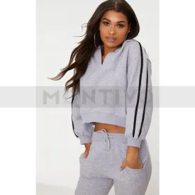 Grey Marl Crop Sport Stripe Hoodie