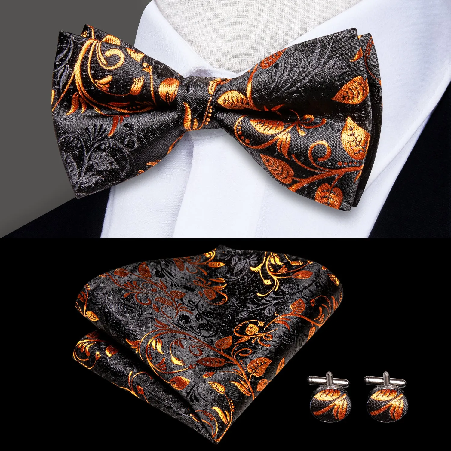 Hi-Tie Black Gold Floral Suspender Bowtie Pocket Square Cufflinks Set