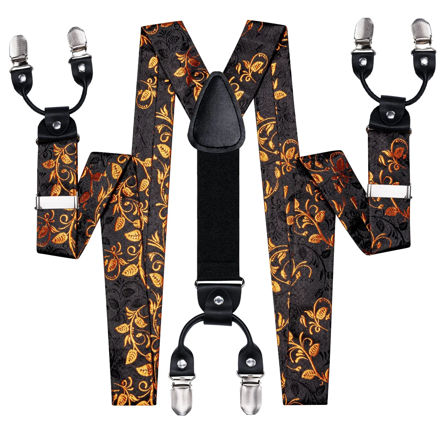 Hi-Tie Black Gold Floral Suspender Bowtie Pocket Square Cufflinks Set