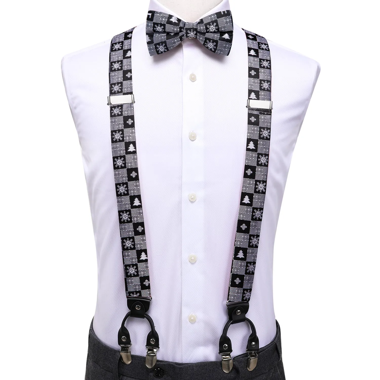 Hi-Tie Black White Novelty Suspender Bowtie Hanky Cufflinks Set Christmas