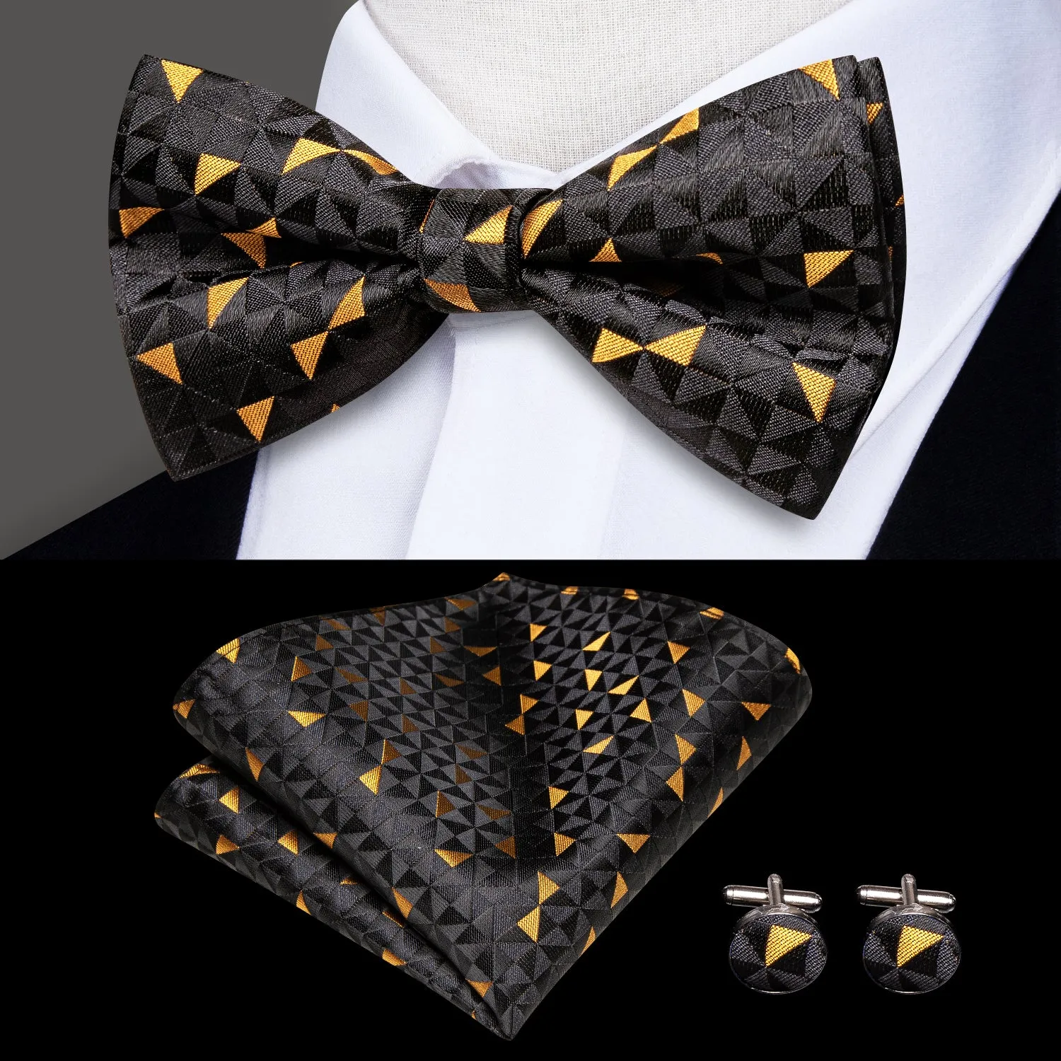 Hi-Tie Black Yellow Novelty Men's Suspender Bowtie Pocket Square Cufflinks Set