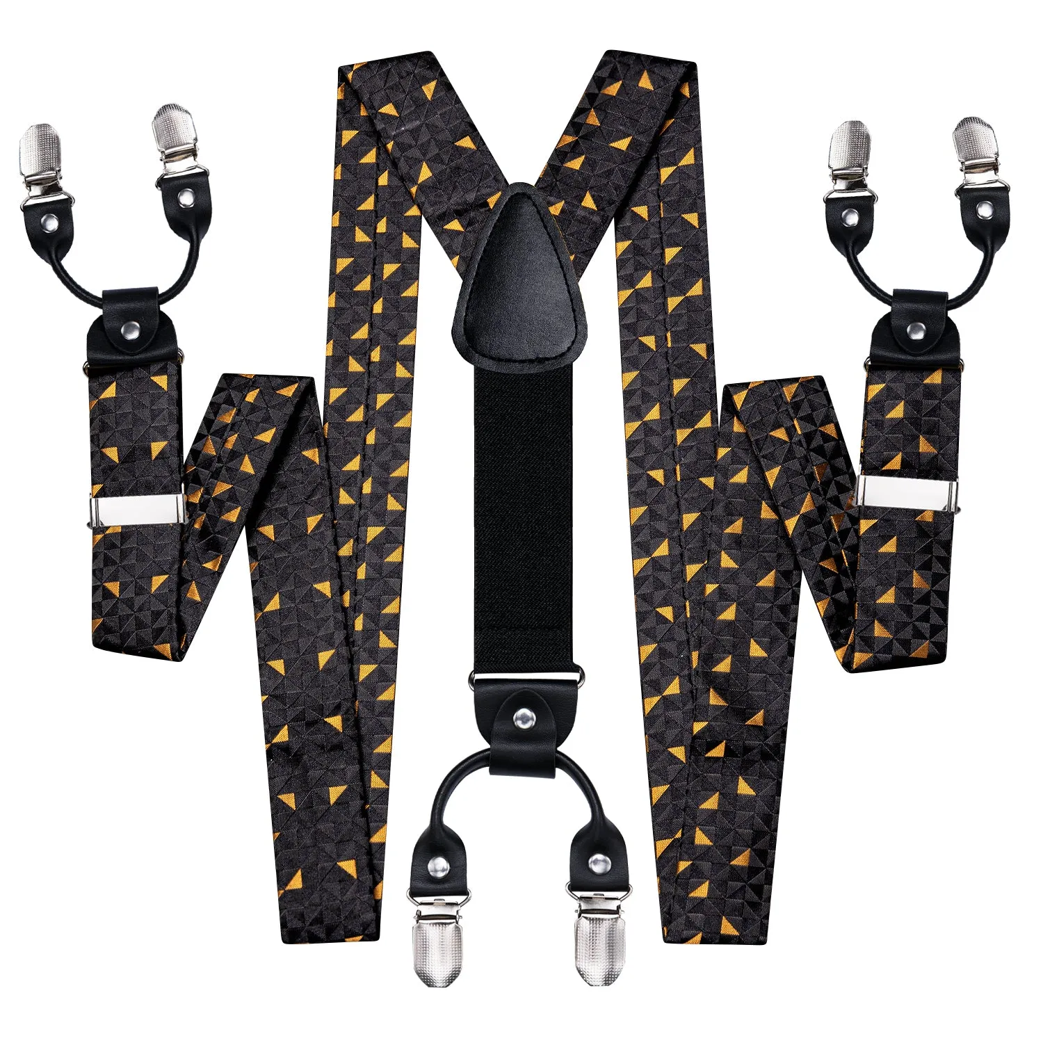 Hi-Tie Black Yellow Novelty Men's Suspender Bowtie Pocket Square Cufflinks Set