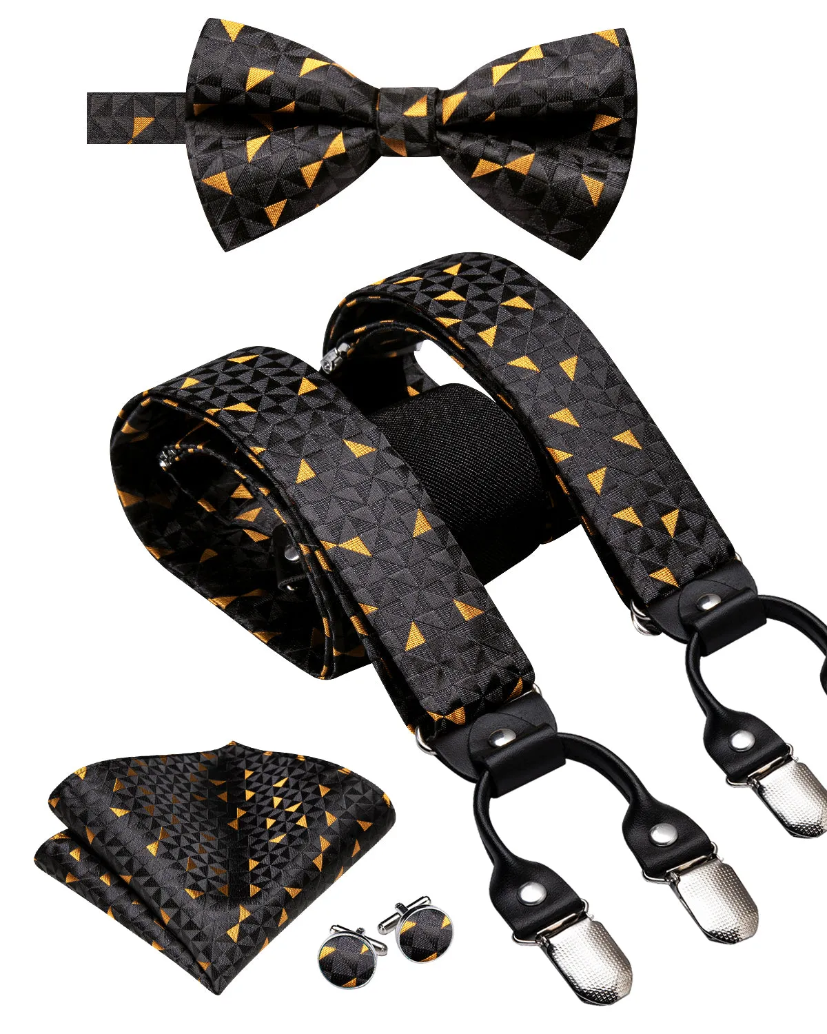 Hi-Tie Black Yellow Novelty Men's Suspender Bowtie Pocket Square Cufflinks Set