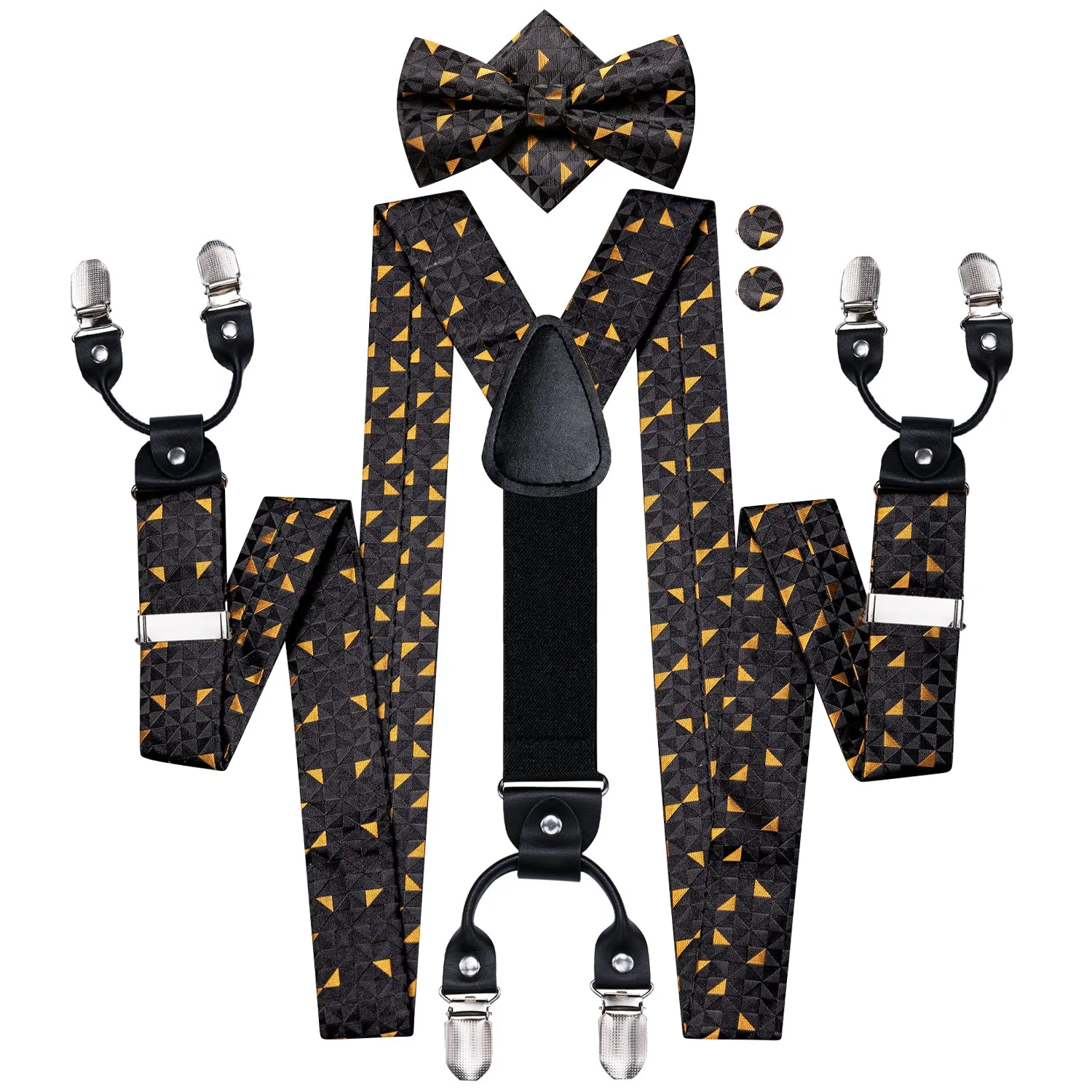 Hi-Tie Black Yellow Novelty Men's Suspender Bowtie Pocket Square Cufflinks Set