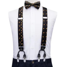 Hi-Tie Black Yellow Novelty Men's Suspender Bowtie Pocket Square Cufflinks Set