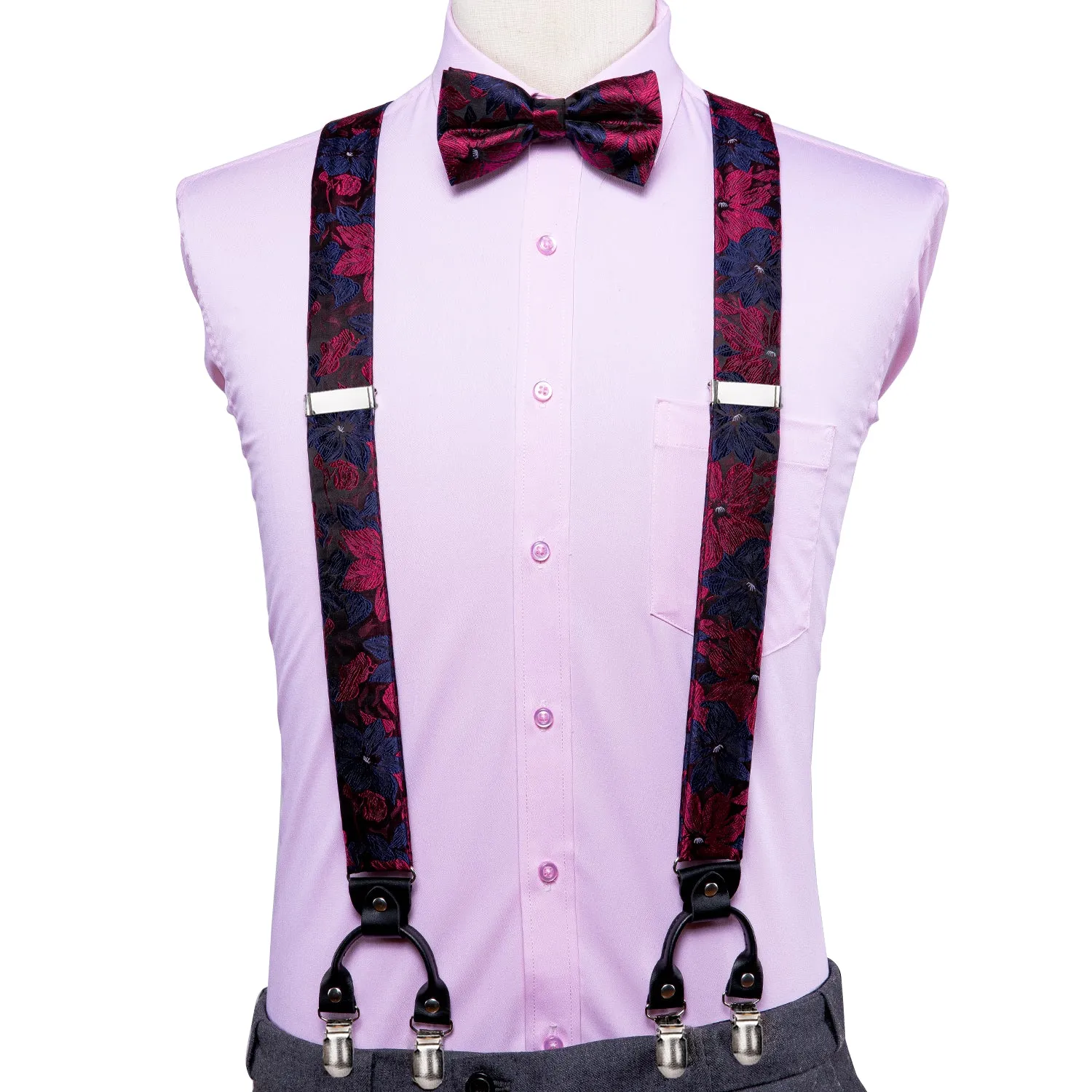 Hi-Tie Blue Red Floral Suspender Bow Tie Handkerchief Cufflinks Set