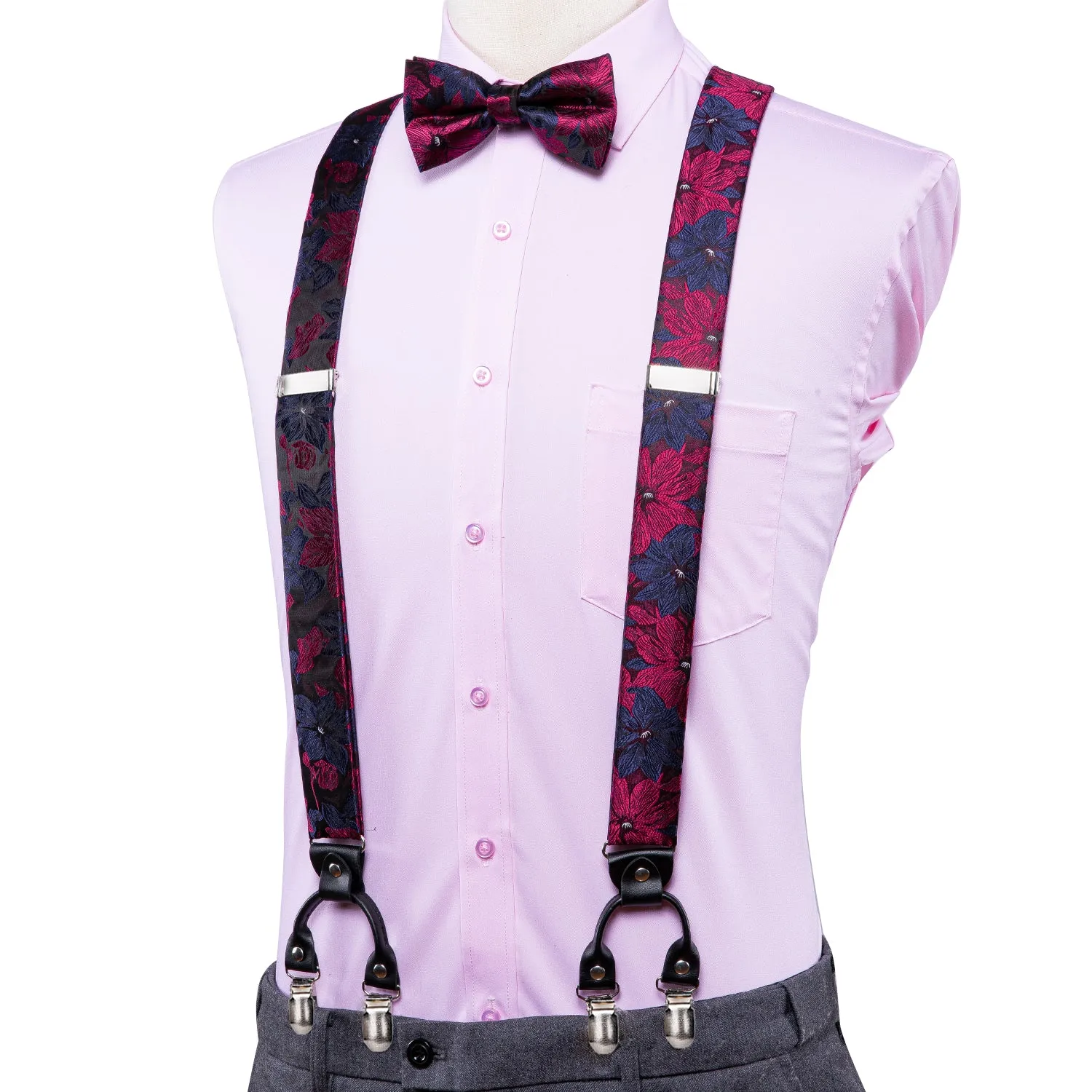 Hi-Tie Blue Red Floral Suspender Bow Tie Handkerchief Cufflinks Set