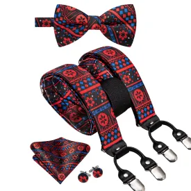 Hi-Tie Christmas Red Black Novelty Suspender Bowtie Hanky Cufflinks Set