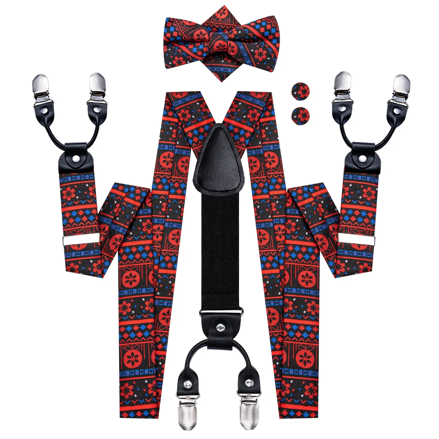 Hi-Tie Christmas Red Black Novelty Suspender Bowtie Hanky Cufflinks Set