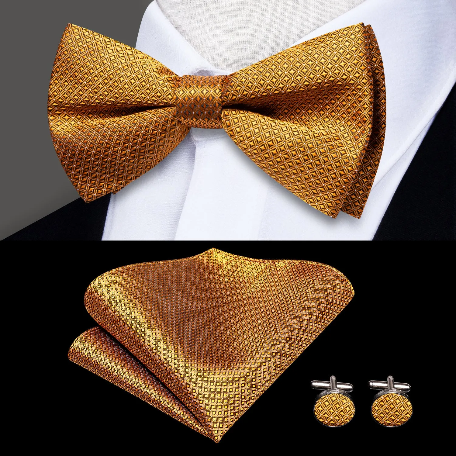 Hi-Tie Golden Orange Mens Suspender Bowtie Pocket Square Cufflinks Set