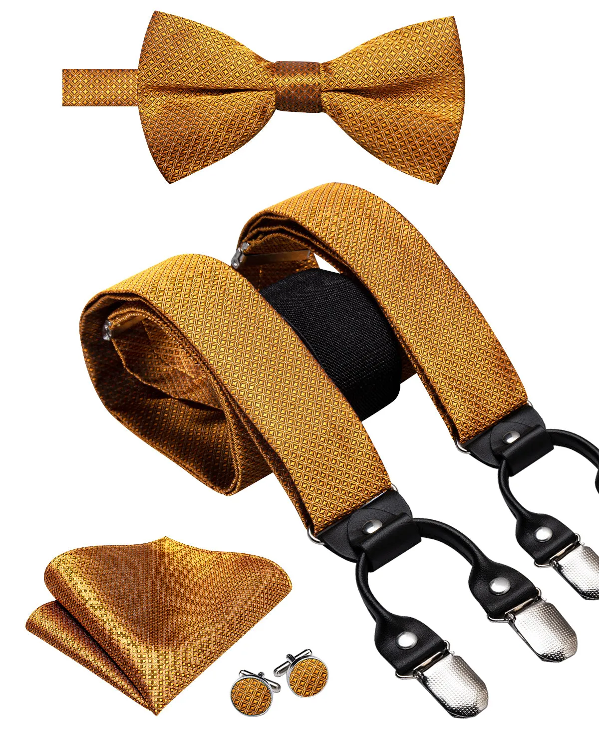 Hi-Tie Golden Orange Mens Suspender Bowtie Pocket Square Cufflinks Set