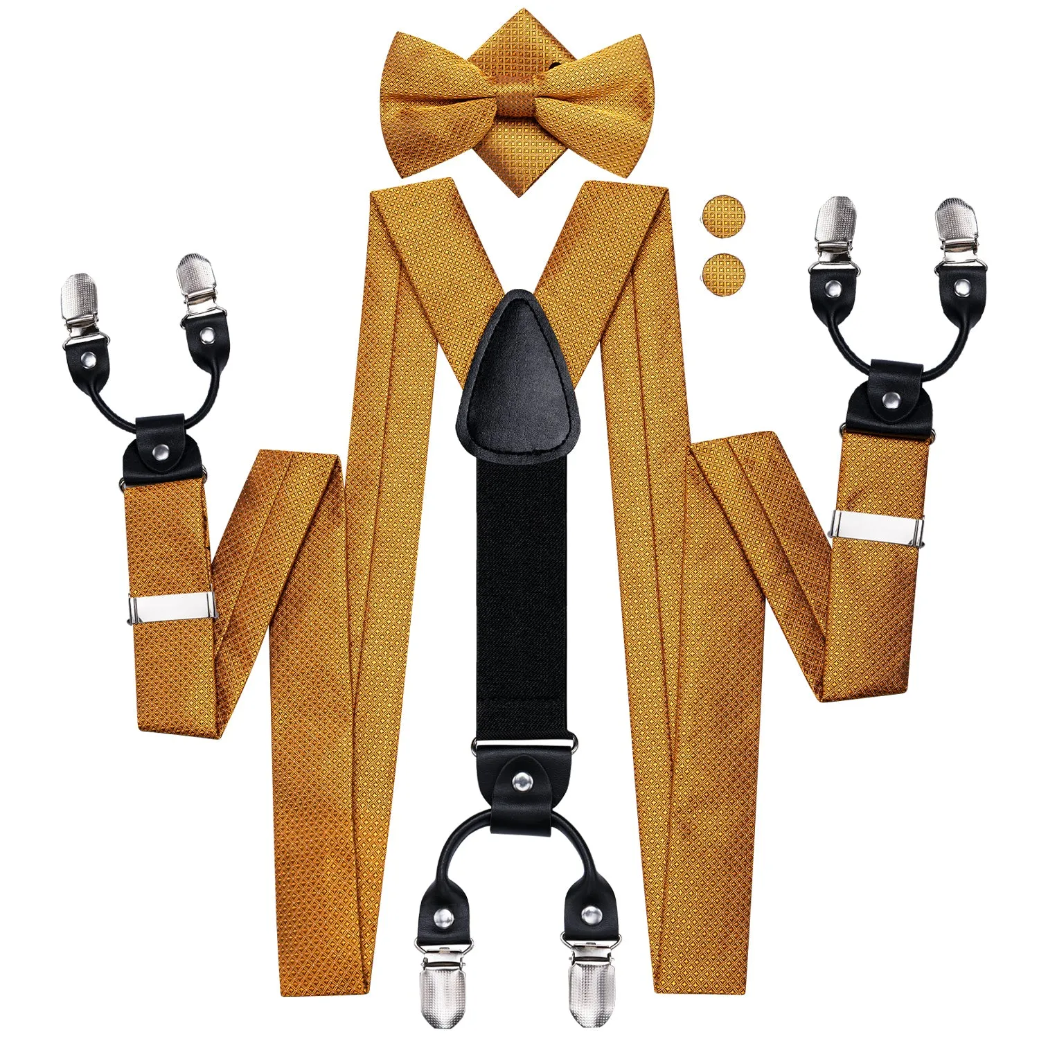 Hi-Tie Golden Orange Mens Suspender Bowtie Pocket Square Cufflinks Set