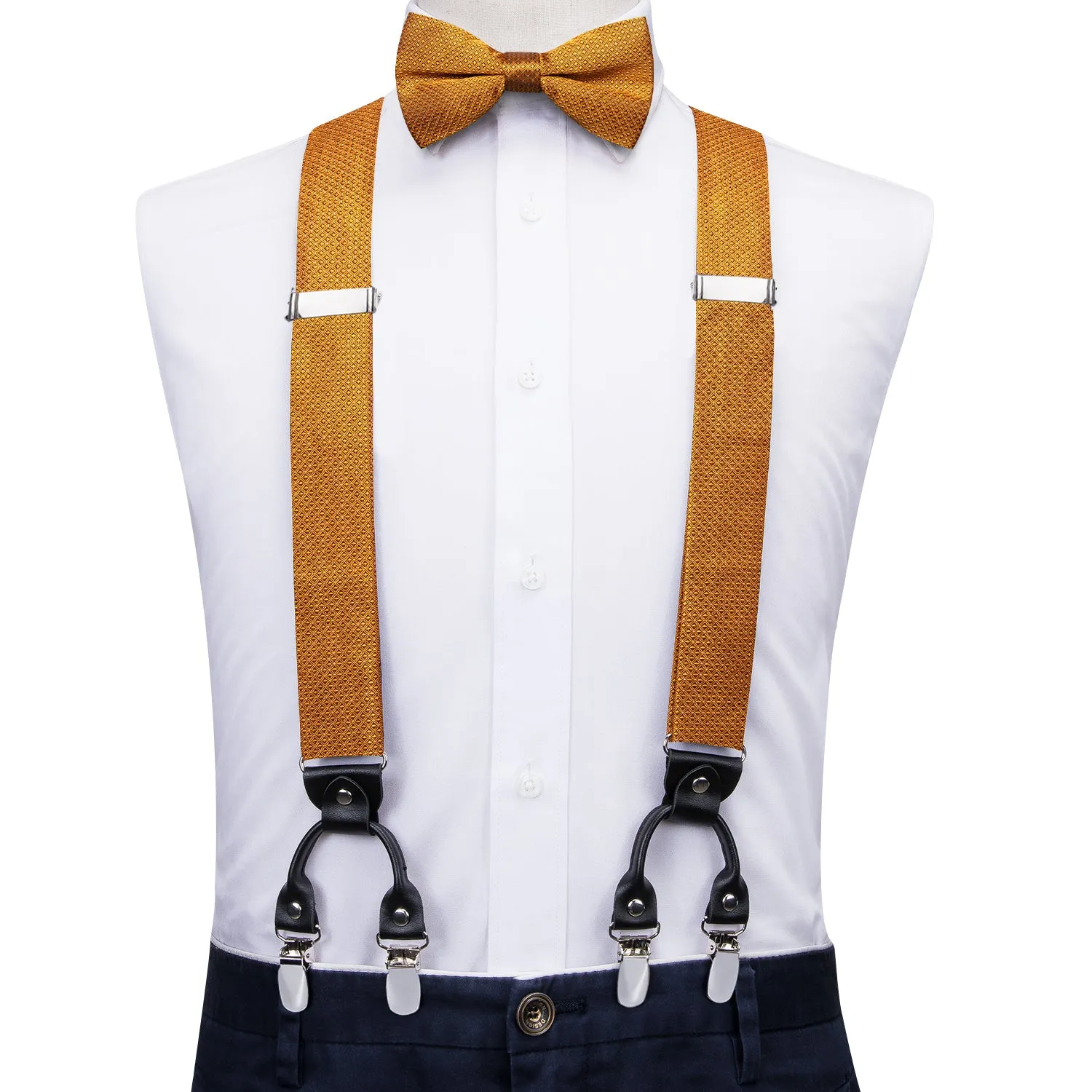 Hi-Tie Golden Orange Mens Suspender Bowtie Pocket Square Cufflinks Set