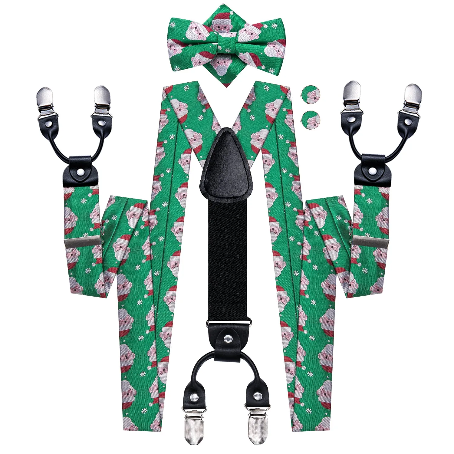 Hi-Tie Green Christmas Snowman Suspender Bowtie Hanky Cufflinks Set