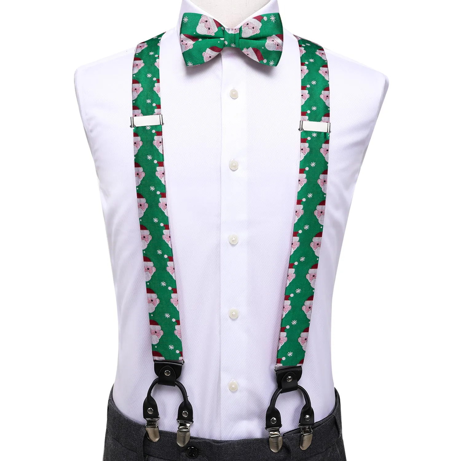 Hi-Tie Green Christmas Snowman Suspender Bowtie Hanky Cufflinks Set