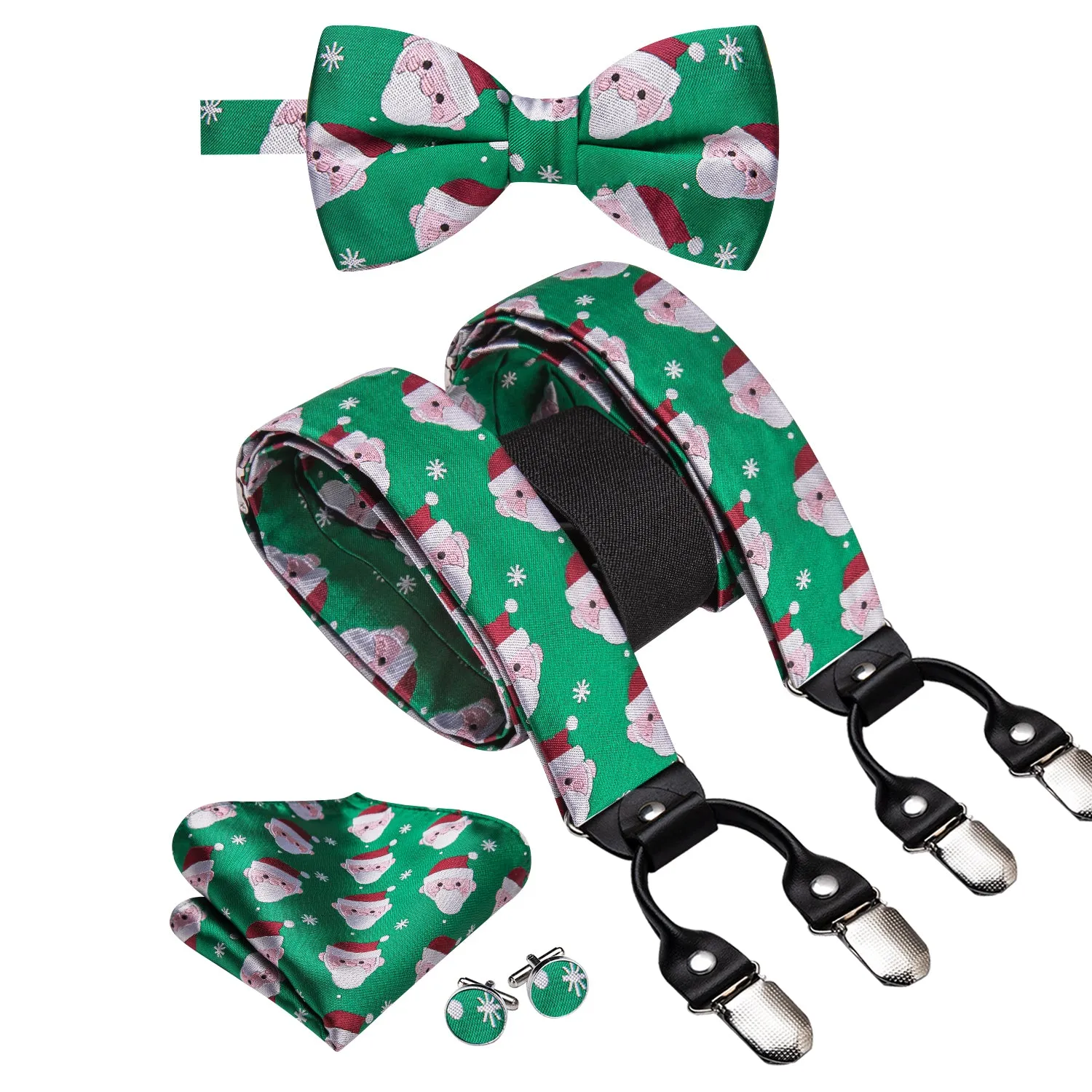 Hi-Tie Green Christmas Snowman Suspender Bowtie Hanky Cufflinks Set