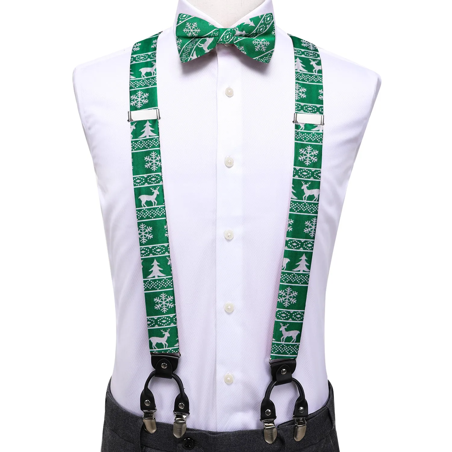 Hi-Tie Green Novelty Suspender Bowtie Hanky Cufflinks Set Christmas