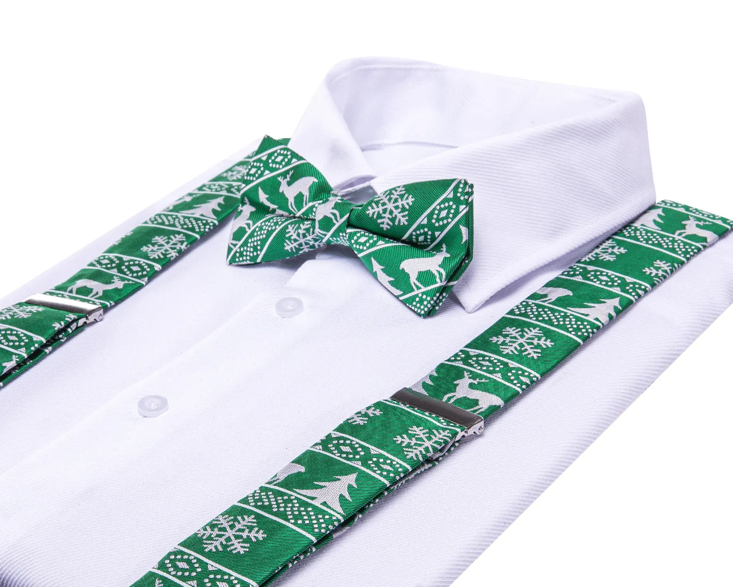 Hi-Tie Green Novelty Suspender Bowtie Hanky Cufflinks Set Christmas