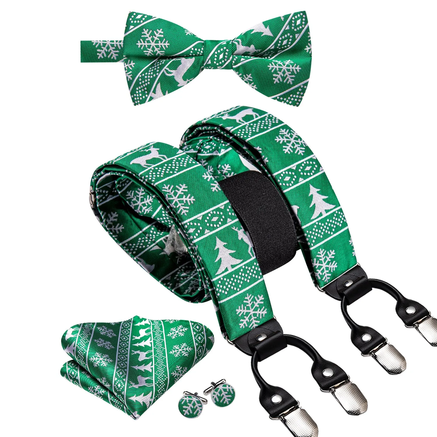 Hi-Tie Green Novelty Suspender Bowtie Hanky Cufflinks Set Christmas