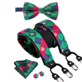 Hi-Tie Green Red Novelty Suspender Bowtie Hanky Cufflinks Set Christmas