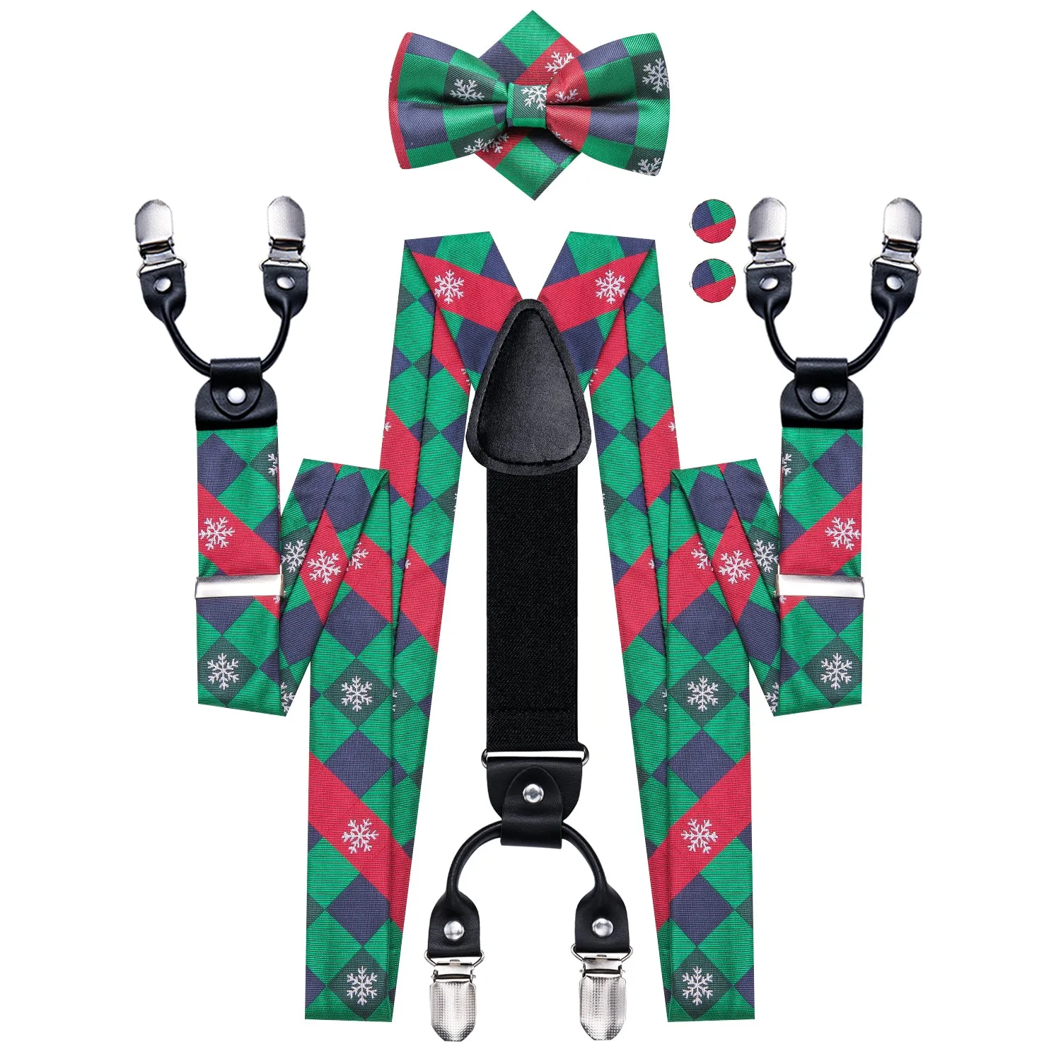 Hi-Tie Green Red Novelty Suspender Bowtie Hanky Cufflinks Set Christmas