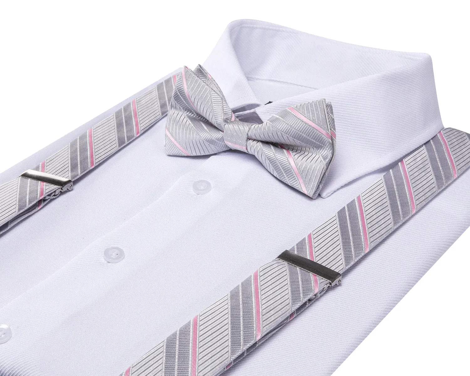 Hi-Tie Grey Pink Striped Suspender Bowtie Hanky Cufflinks Set