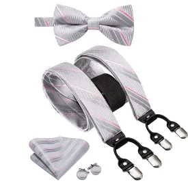 Hi-Tie Grey Pink Striped Suspender Bowtie Hanky Cufflinks Set