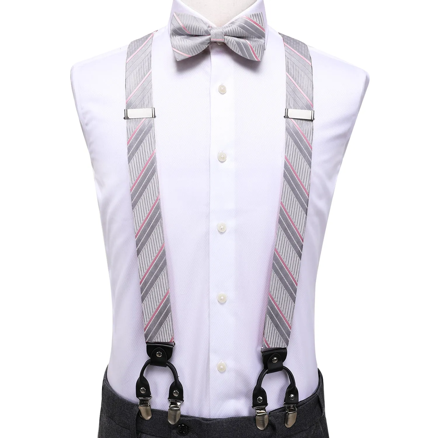 Hi-Tie Grey Pink Striped Suspender Bowtie Hanky Cufflinks Set