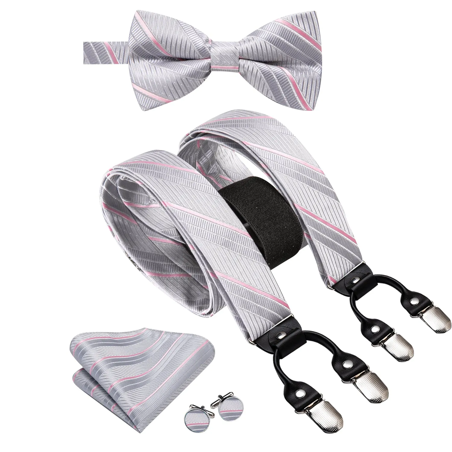 Hi-Tie Grey Pink Striped Suspender Bowtie Hanky Cufflinks Set