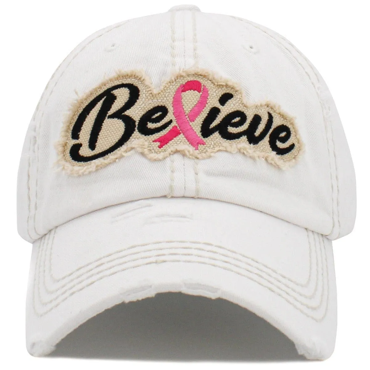 KBV1388 "Believe" Pink Ribbon Vintage Washed Baseball Cap