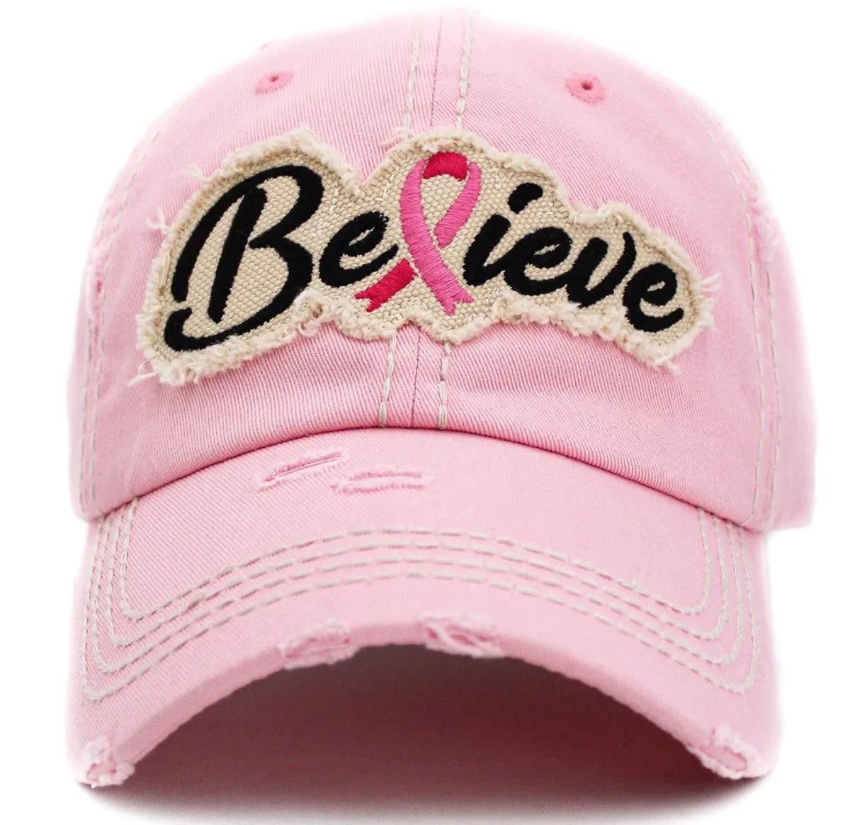 KBV1388 "Believe" Pink Ribbon Vintage Washed Baseball Cap