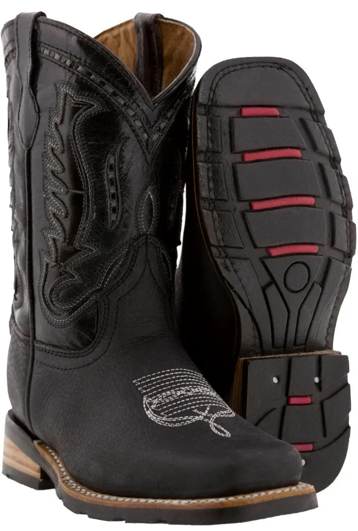 Kids Black Genuine Leather Western Cowboy Boots - Square Toe