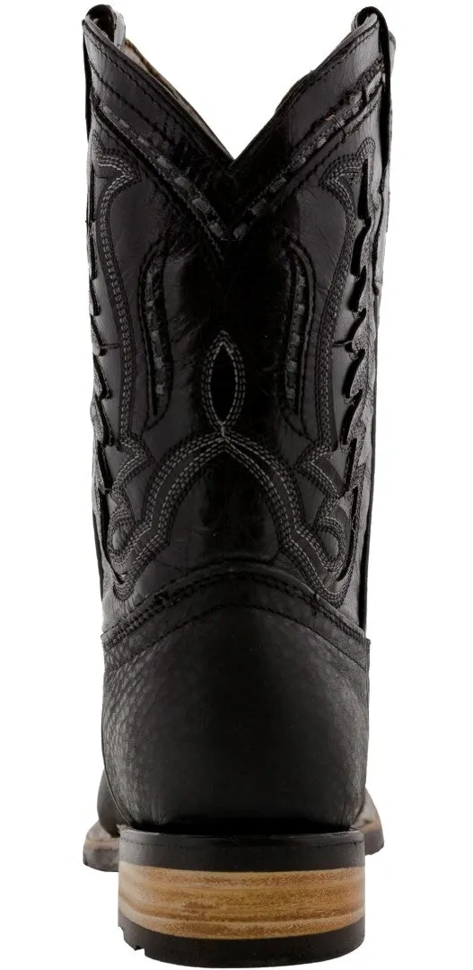 Kids Black Genuine Leather Western Cowboy Boots - Square Toe