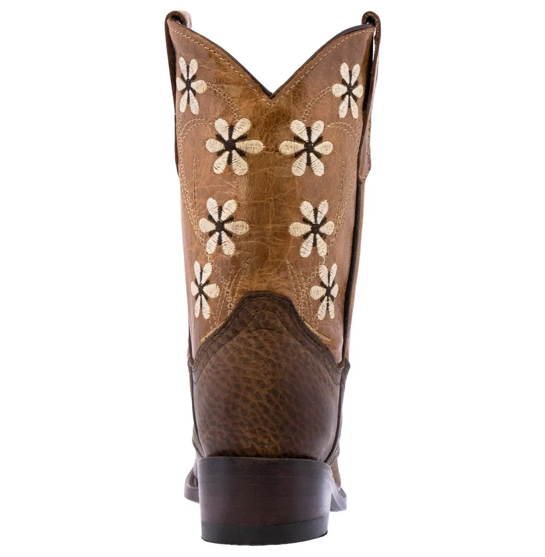 Kids FLR8 Brown Western Cowboy Boots Floral Leather - Snip Toe